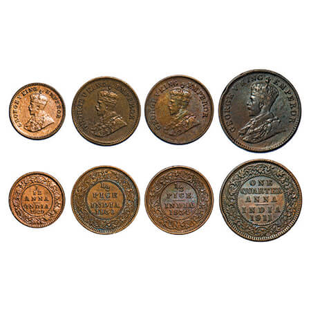 George V, Bronze, (4 coins), 1) Quarter Anna, 1911, Calcutta Mint, No dot, 2 & 3) 1/2 Pice