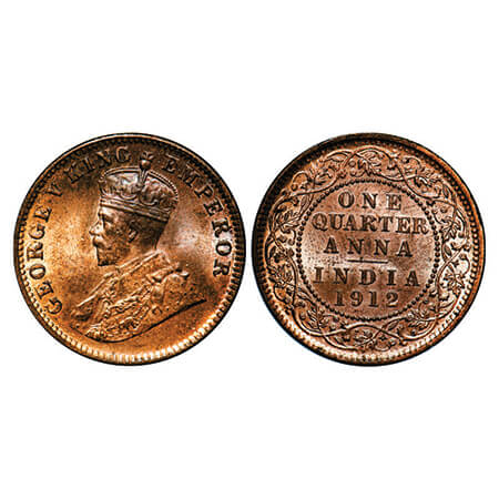 George V, Bronze, Quarter Anna, 1912, Calcutta Mint, No dot. GK 1172, F. Prid 658. Brillia