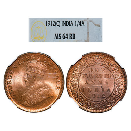 George V, Bronze, Quarter Anna, 1912, Calcutta Mint, No dot. GK 1172, F. Prid 658. NGC Sla