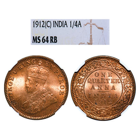 George V, Bronze, Quarter Anna, 1912, Calcutta Mint, No dot. GK 1172, F.Prid 658. NGC Slab
