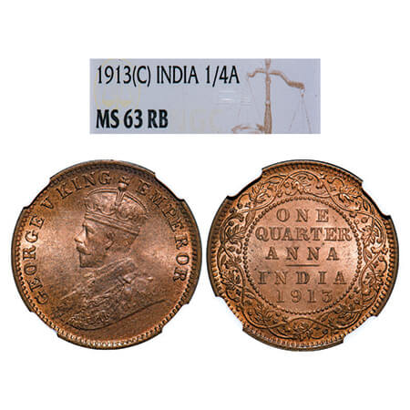 George V, Bronze, Quarter Anna, 1913, Calcutta Mint, No dot. GK 1173, F. Prid 659. NGC Sla