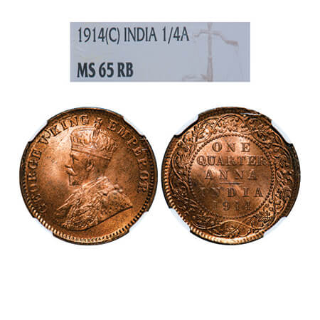 George V, Bronze, Quarter Anna, 1914, Calcutta Mint, No dot. GK 1174, F. Prid 660. NGC Sla