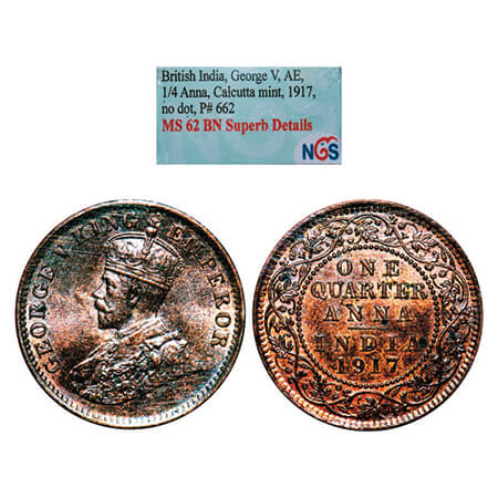 George V, Bronze, Quarter Anna, 1917, Calcutta Mint, No dot. GK 1176, F. Prid 662. NGS Sla