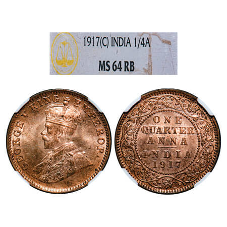 George V, Bronze, Quarter Anna, 1917, Calcutta Mint, No dot. GK 1176, F. Prid 662. NGC Sla