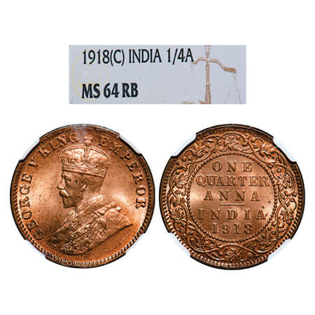 George V, Bronze, Quarter Anna, 1918, Calcutta Mint, No dot. GK 1177, F. Prid 663. NGC Sla