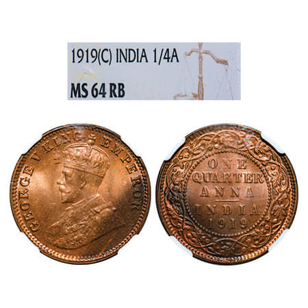 George V, Bronze, Quarter Anna, 1919, Calcutta Mint, No dot. GK 1178, F. Prid 664. NGC Sla