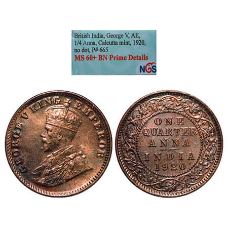 George V, Bronze, Quarter Anna, 1920, Calcutta Mint, No dot. GK 1179, F. Prid 665. NGS Sla