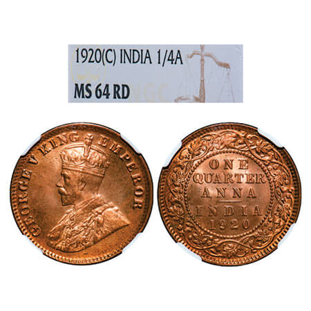 George V, Bronze, Quarter Anna, 1920, Calcutta Mint, No dot. GK 1179, F, Prid 665. NGC Sla