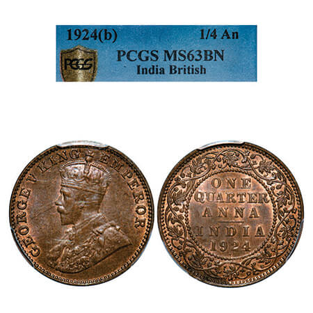 George V, Bronze, Quarter Anna, 1924, Bombay Mint, Do dot. GK 1180, F. Prid 677. PCGS Slab