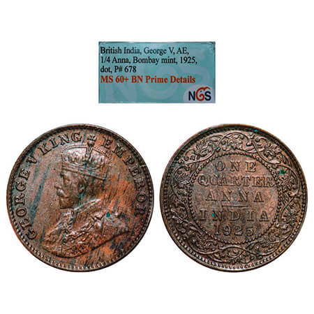 George V, Bronze, Quarter Anna, 1925, Bombay Mint, Dot. GK 1181, F. Prid 678. NGS Slabbed 