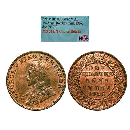 George V, Bronze, Quarter Anna, 1926, Bombay Mint, Dot. GK 1183, F. Prid 679. NGS Slabbed 