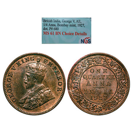George V, Bronze, Quarter Anna, 1927, Bombay Mint, Dot. GK 1185, F. Prid 680. NGS Slabbed 