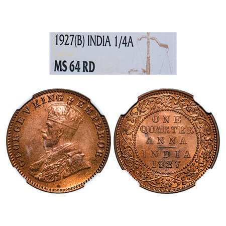 George V, Bronze, Quarter Anna, 1927, Bombay Mint, Dot. GK 1185, F. Prid 680. NGC Slabbed 
