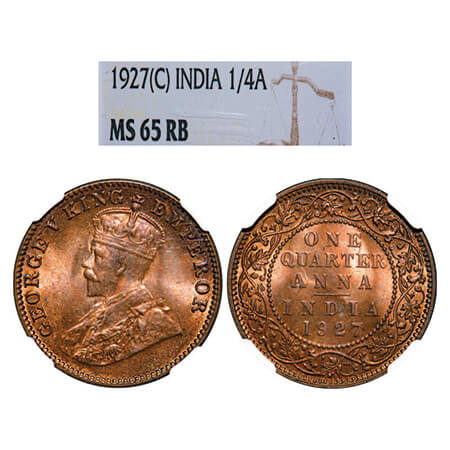 George V, Bronze, Quarter Anna, 1927, Calcutta Mint, No dot. GK 1186, F. Prid 668. NGC Sla