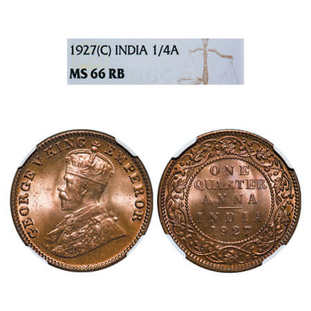George V, Bronze, Quarter Anna, 1927, Calcutta Mint, No dot. GK 1186, F. Prid 668. NGC Sla