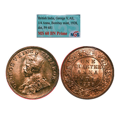 George V, Bronze, Quarter Anna, 1928, Bombay Mint, Dot. GK 1187, F. Prid 681. NGS Slabbed 