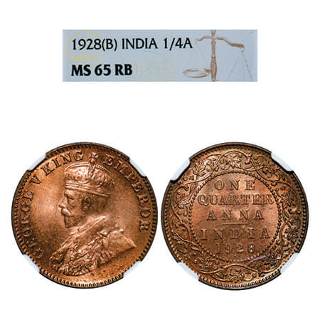 George V, Bronze, Quarter Anna, 1928, Bombay Mint, Dot. GK 1187, F. Prid 681. NGC Slabbed 