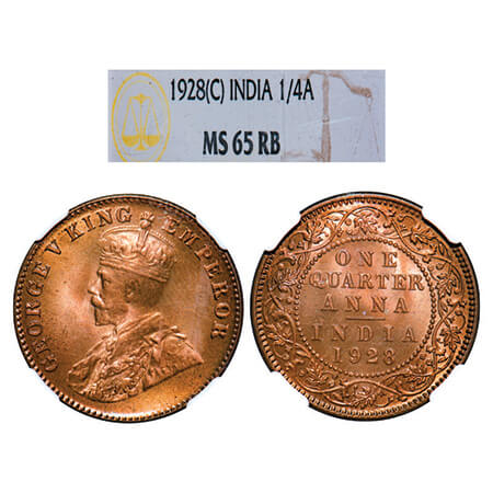 George V, Bronze, Quarter Anna, 1928, Calcutta Mint, No dot. GK 1188, F. Prid 669. NGC Sla