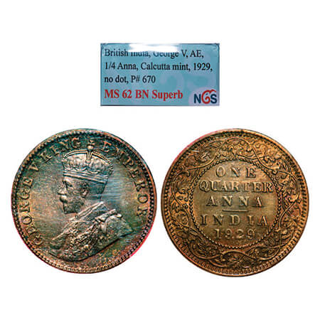 George V, Bronze, Quarter Anna, 1929, Calcutta Mint, No dot. GK 1189, F. Prid 670. NGS Sla