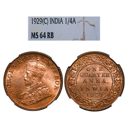 George V, Bronze, Quarter Anna, 1929, Calcutta Mint, No dot. GK 1189, F. Prid 670. NGC Sla