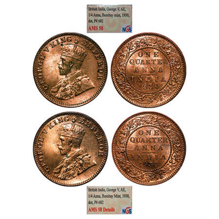 George V, Bronze, Quarter Anna, (2 slabs), 1930, Bombay Mint, Dot, 1) Normal numeral date,