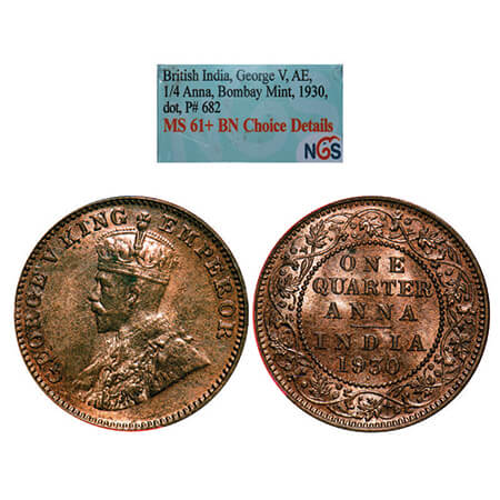 George V, Bronze, Quarter Anna, 1930, Bombay Mint, Dot. GK 1190, F. Prid 671. NGS Slabbed
