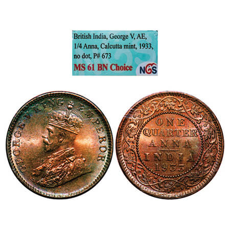 George V, Bronze, Quarter Anna, 1933, Calcutta Mint, No dot. GK 1193, F. Prid 673. NGS Sla