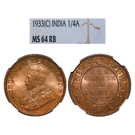 George V, Bronze, Quarter Anna, 1933, Calcutta Mint, No dot. GK 1193, F. Prid 673. NGC Sla