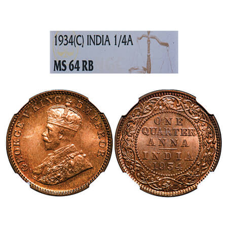 George V, Bronze, Quarter Anna, 1934, Calcutta Mint, No dot. GK 1194, F. Prid 674. NGC Sla