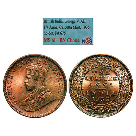 George V, Bronze, Quarter Anna, 1935, Calcutta Mint, No dot. GK 1195, F.Prid 675. NGS Slab