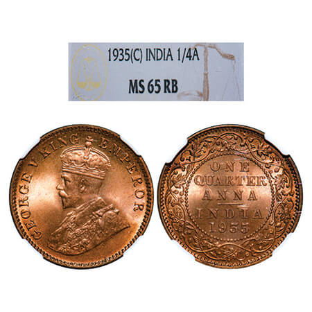 George V, Bronze, Quarter Anna, 1935, Calcutta Mint, No dot. GK 1195, F. Prid 675. NGC Sla