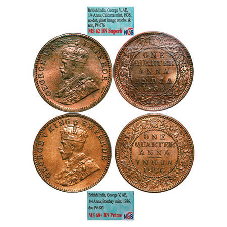 George V, Bronze, Quarter Anna, (2 slabs), 1936, 1) Bombay Mint, Dot, 2) Calcutta Mint, No