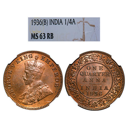 George V, Bronze, Quarter Anna, 1936, Bombay Mint, Dot. GK 1196, F. Prid 683. NGC Slabbed 