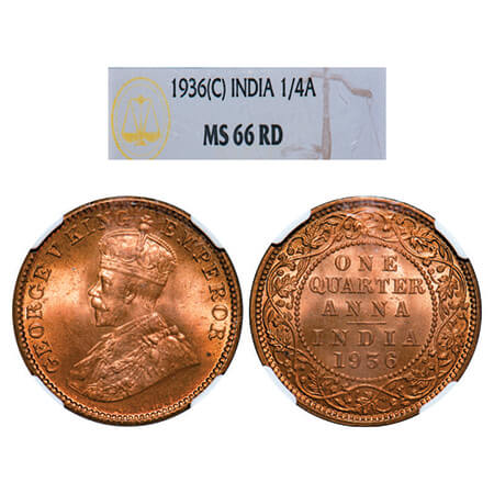 George V, Bronze, Quarter Anna, 1936, Calcutta Mint, No dot. GK 1197, F. Prid 676. NGC Sla