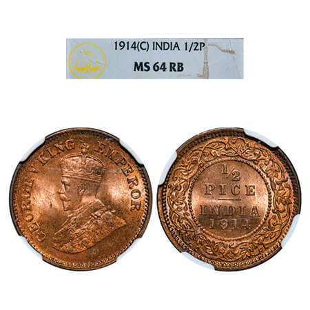 George V, Bronze, 1/2 Pice, 1914, Calcutta Mint, No mint mark. GK 1200, F. Prid 747. NGC S