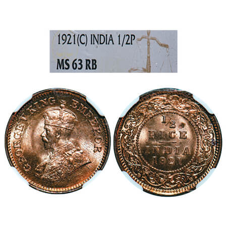 George V, Bronze, 1/2 Pice, 1921, Calcutta Mint, No mint mark. GK 1207, F. Prid 754. NGC S