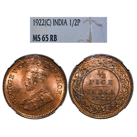 George V, Bronze, 1/2 Pice, 1922, Calcutta Mint, No mint mark. GK 1208, F. Prid 755. NGC S