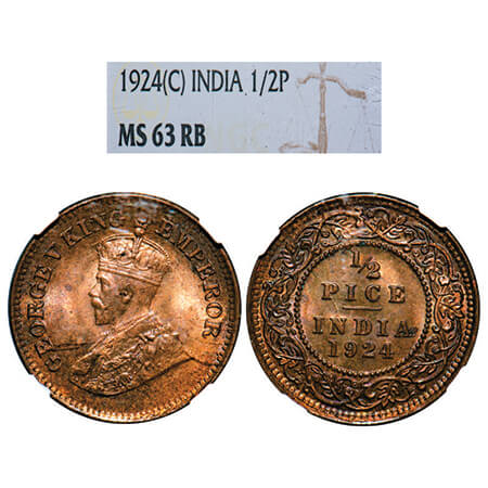 George V, Bronze, 1/2 Pice, 1924, Calcutta Mint, No mint mark. GK 1210, F. Prid 757. NGC S