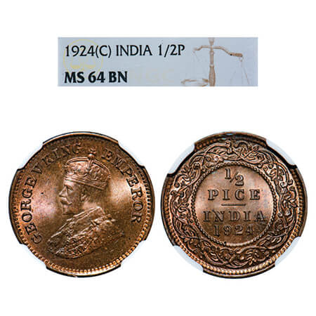 George V, Bronze, 1/2 Pice, 1924, Calcutta Mint, No mint mark. GK 1210, F. Prid 757. NGC S