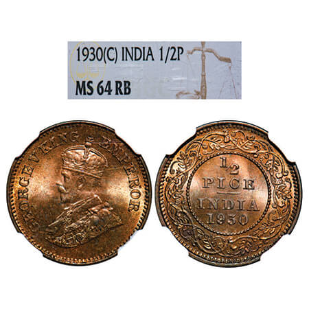 George V, Bronze, 1/2 Pice, 1930, Calcutta Mint, No mint mark. GK 1216, F. Prid 763. NGC S