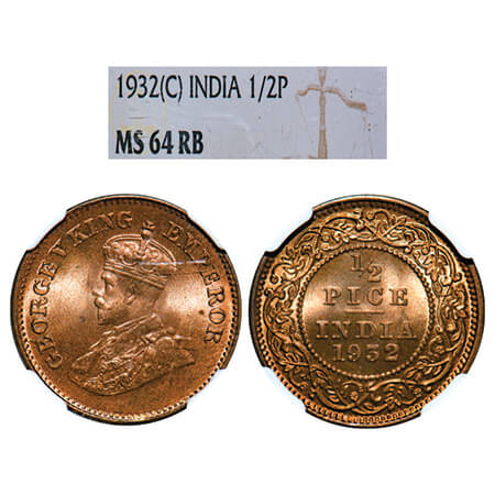 George V, Bronze, 1/2 Pice, 1932, Calcutta Mint, No mint mark. GK 1218, F. Prid 765. NGC S