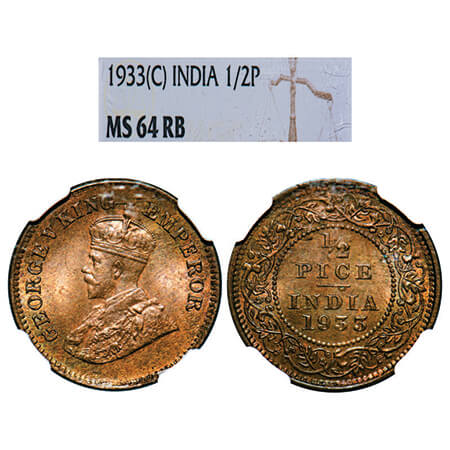 George V, Bronze, 1/2 Pice, 1933, Calcutta Mint, No mint mark. GK 1219, F. Prid 766. NGC S