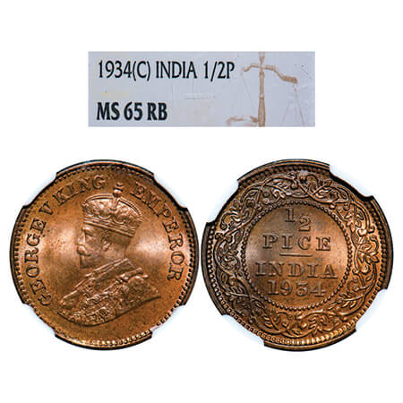 George V, Bronze, 1/2 Pice, 1934, Calcutta Mint, No mint mark. GK 1220, F. Prid 767. NGC S