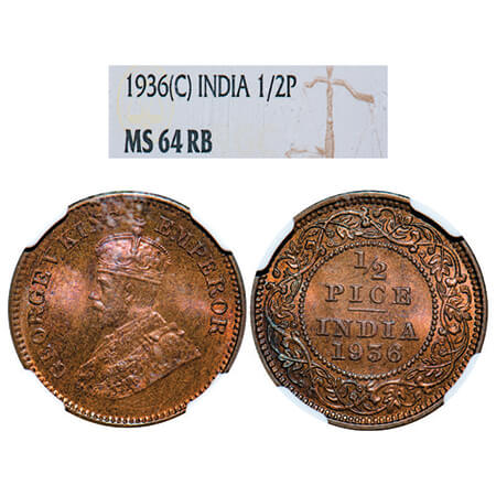 George V, Bronze, 1/2 Pice, 1936, Calcutta Mint, No mint mark. GK 1222, F. Prid 768. NGC S