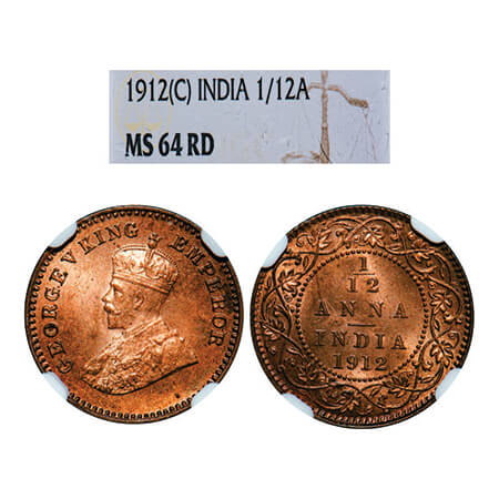 George V, Bronze, 1/12 Anna, 1912, Calcutta Mint, No dot. GK 1223, F. Prid 827. NGC Slabbe