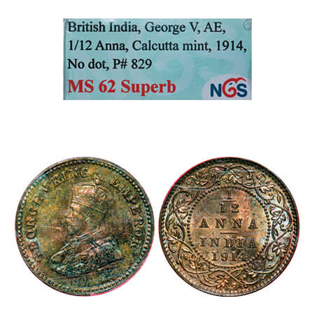 George V, Bronze, 1/12 Anna, 1914, Calcutta Mint, No dot. GK 1225, F. Prid 829. NGS Slabbe
