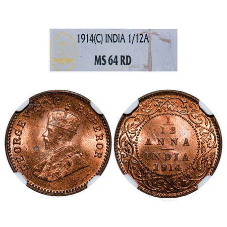 George V, Bronze, 1/12 Anna, 1914, Calcutta Mint, No dot. GK 1225, F. Prid 829. NGC Slabbe