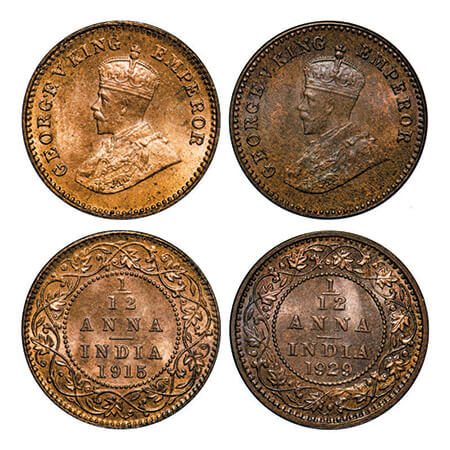 George V, Bronze, 1/12 Anna, (2 coins), 1915, 1929, Calcutta Mint, No dot. GK 1226, 1245, 