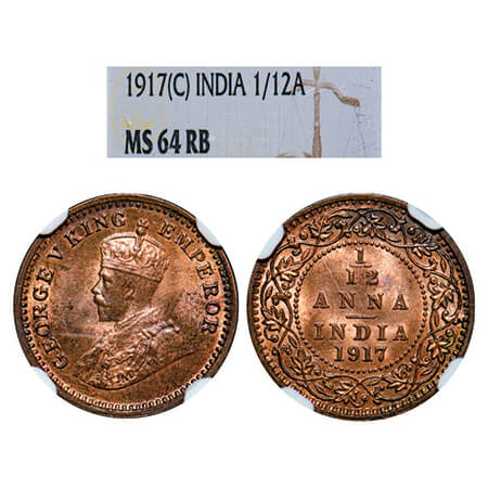 George V, Bronze, 1/12 Anna, 1917, Calcutta Mint, No dot. GK 1228, F. Prid 832. NGC Slabbe