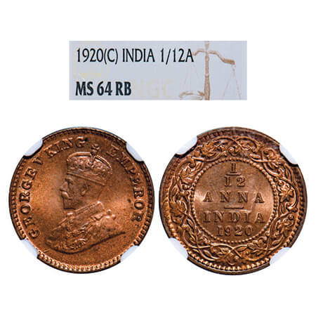 George V, Bronze, 1/12 Anna, 1920, Calcutta Mint, No dot. GK 1231, F. Prid 835. NGC Slabbe